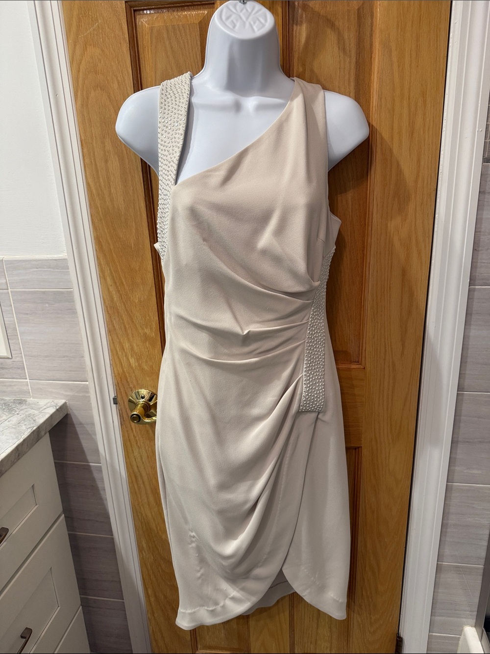 Halston Heritage One-Shoulder Cream Draped Midi Dress with Embellished Strap